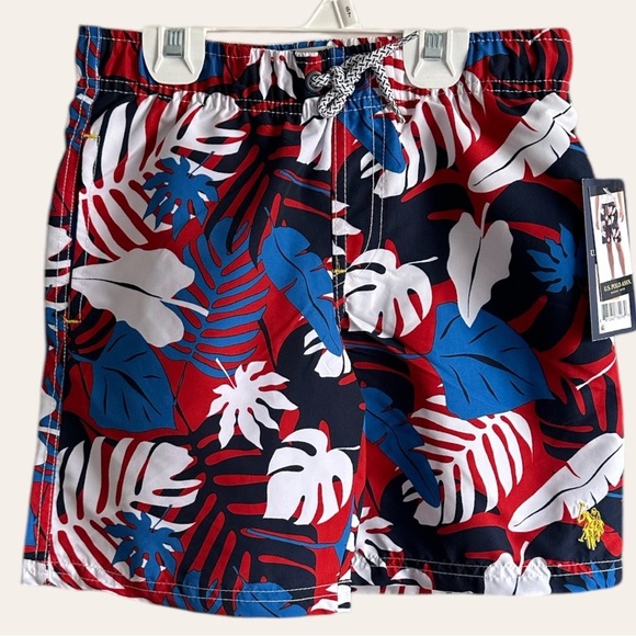New US Polo Assn Boys Tropical Swim Trunks Size Medium Red White Blue - Picture 2 of 12
